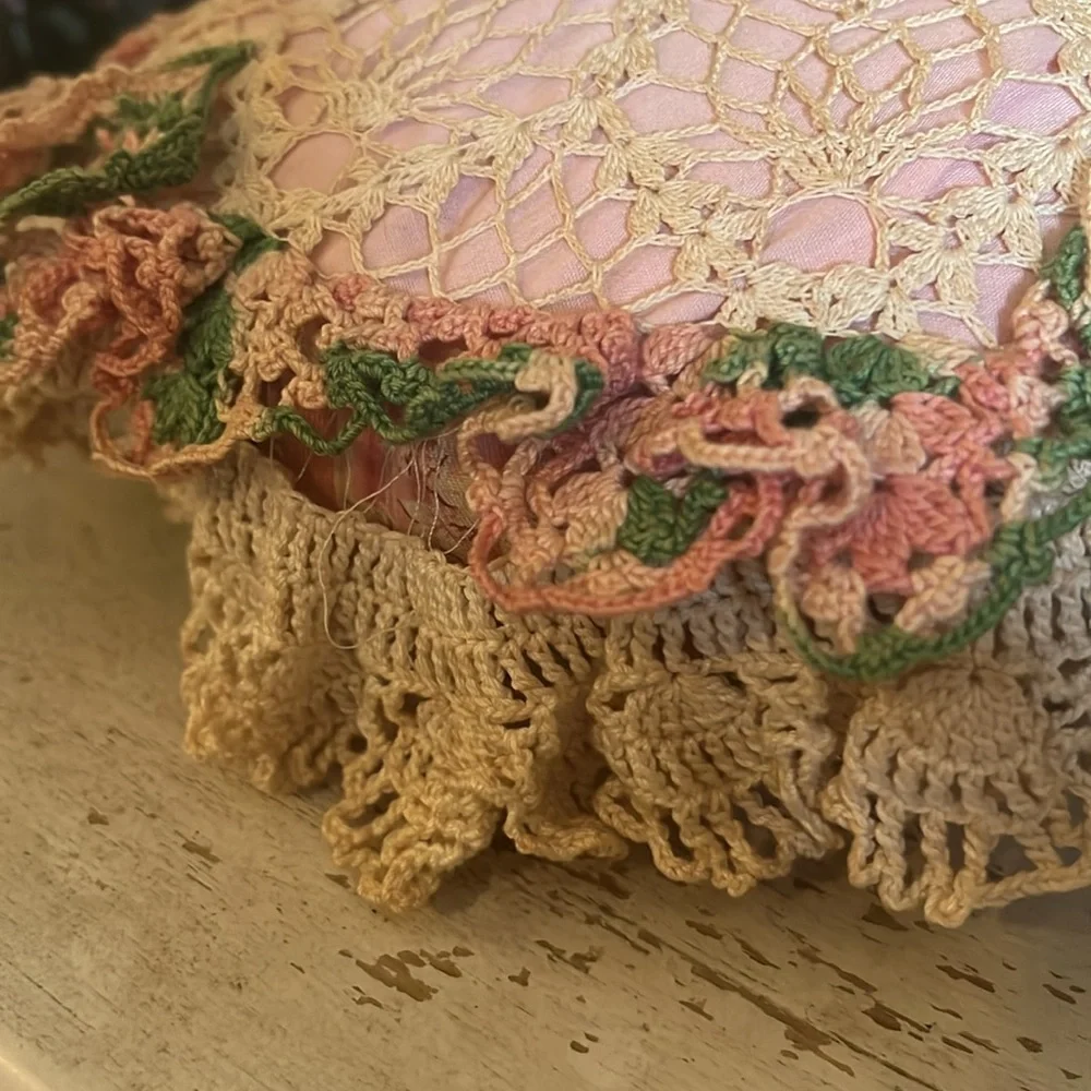 Vintage handmade needlepoint & crocheted throw pillow